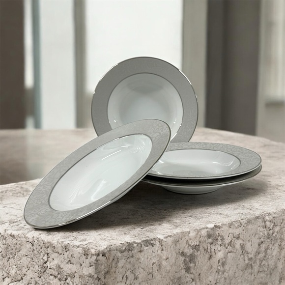 Mikasa Parchment L3438 Rim Soup Bowls Set of 4 Platinum -Discontinued